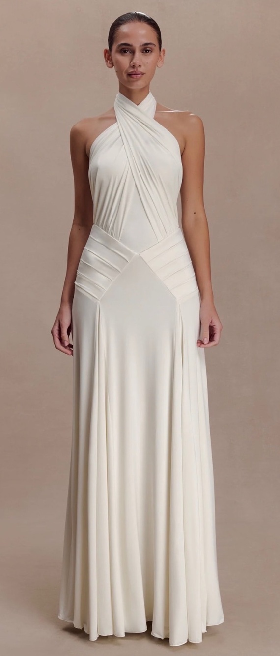 Meshki Indira Gathered Slinky Halter Maxi Dress Ivory Size S NWT